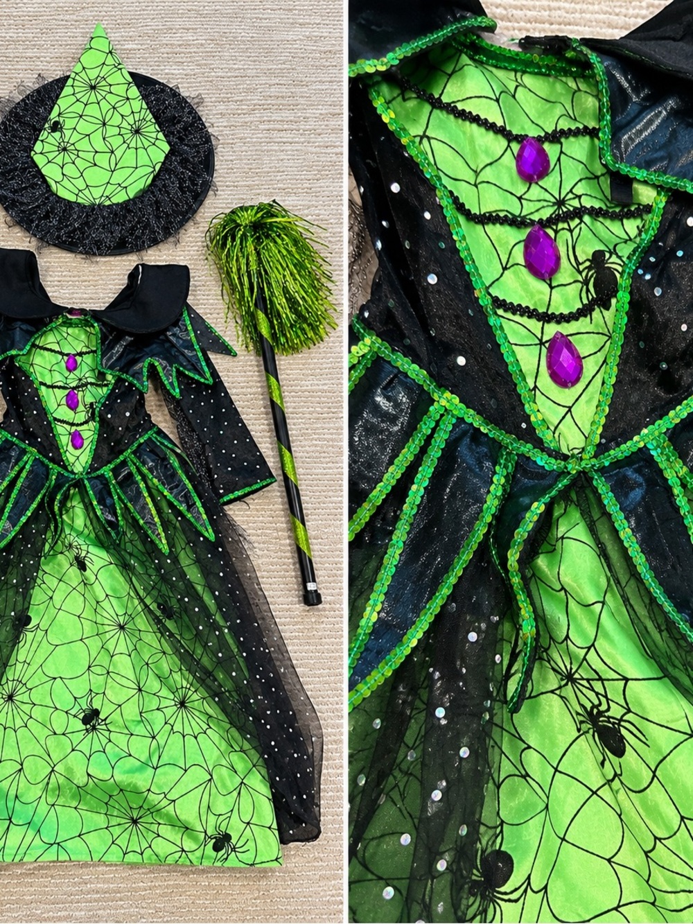 Kids Green & Black Spider Witch Costume with Hat and Wand